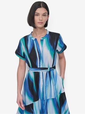 DKNY Womens Blue & Teal Abstract Print Belted Shirt Dress. NWT